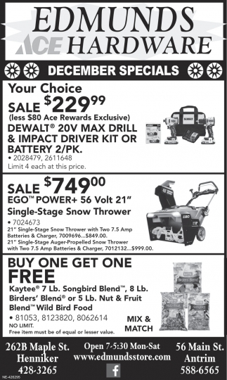 December Specials, Edmunds Hardware, Henniker, NH