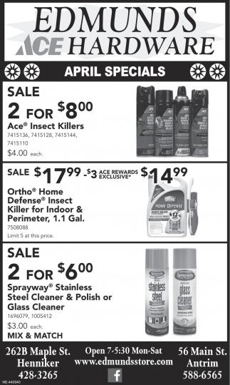 April Specials, Edmunds Hardware, Henniker, NH