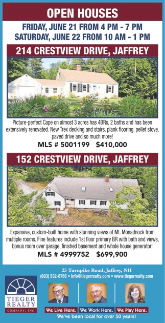 Open Houses, Tieger Realty Co., Inc., Jaffrey, NH