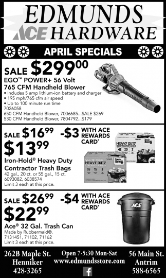 April Specials, Edmunds Hardware, Henniker, NH