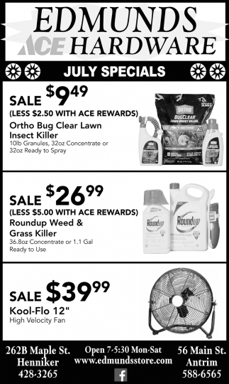 July Specials, Edmunds Hardware, Henniker, NH