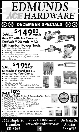 December Specials, Edmunds Hardware, Henniker, NH