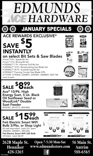 January Specials, Edmunds Hardware, Henniker, NH