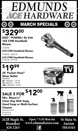 March Specials, Edmunds Hardware, Henniker, NH