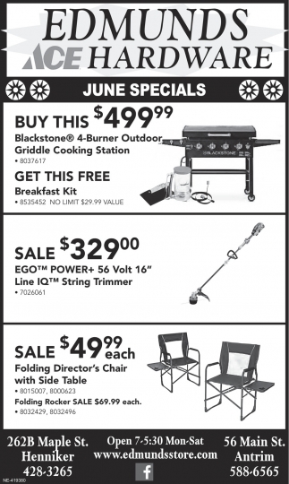 June Specials, Edmunds Hardware, Henniker, NH
