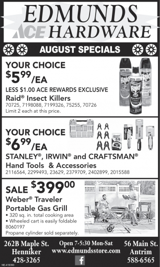 August Specials, Edmunds Hardware, Henniker, NH