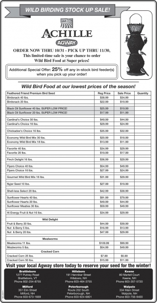 Wild Birding Stock up Sale!, Achille Agway, Peterborough, NH